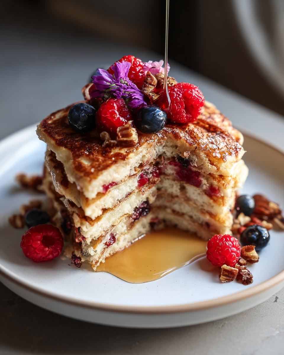 A tall stack of Healthy Brunch Pancake Bake topped with fresh raspberries, blueberries, nuts, and syrup being drizzled on top.