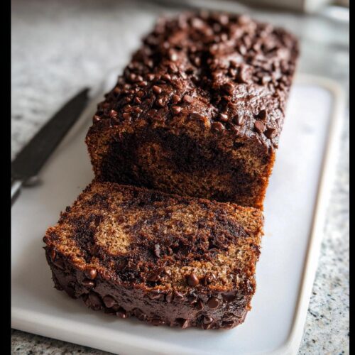 A loaf of rich, marbled Healthy Chocolate Banana Bread, topped heavily with chocolate chips, with one slice cut.