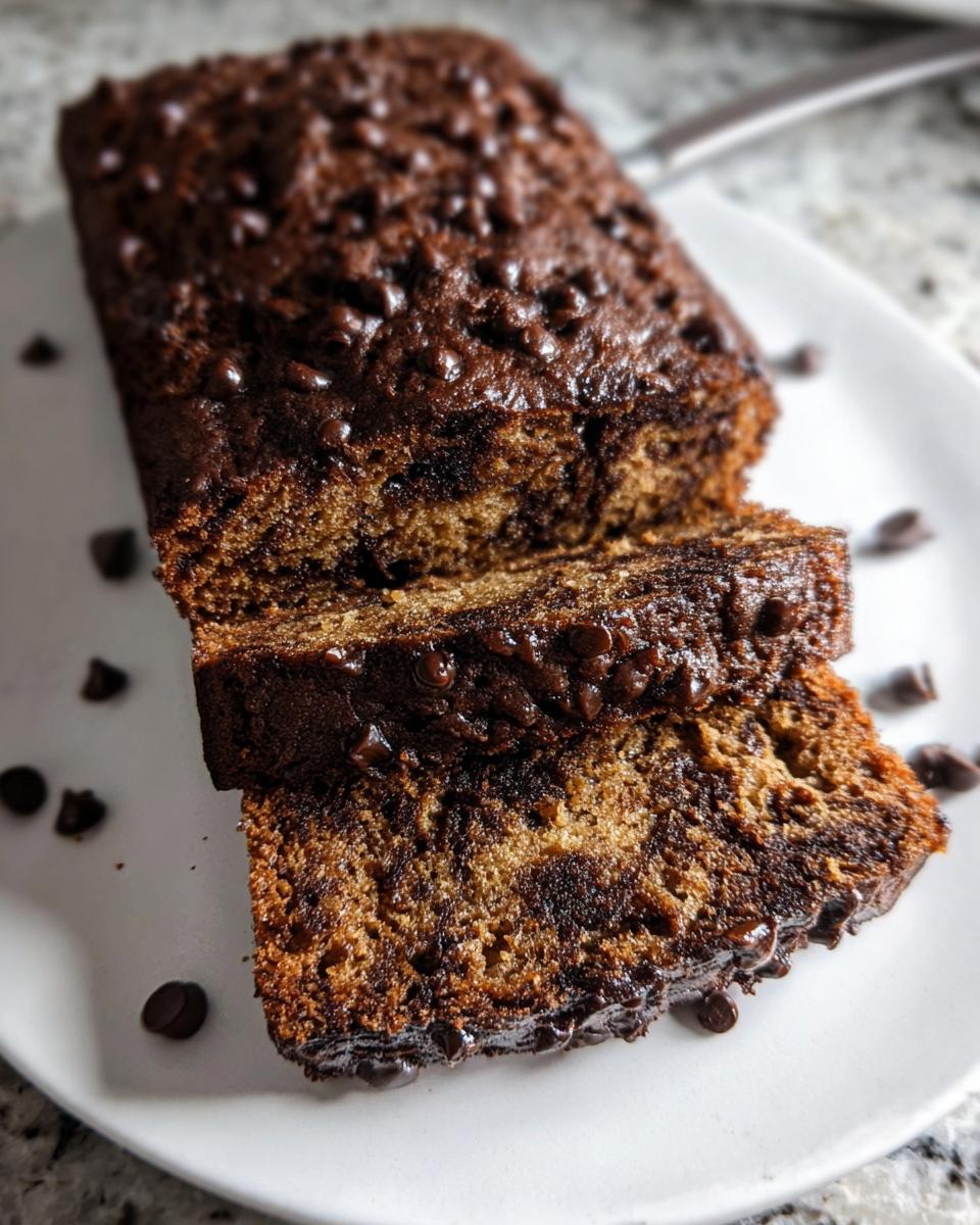 A loaf of Healthy Chocolate Banana Bread, sliced, showing moist texture and melted chocolate chips.