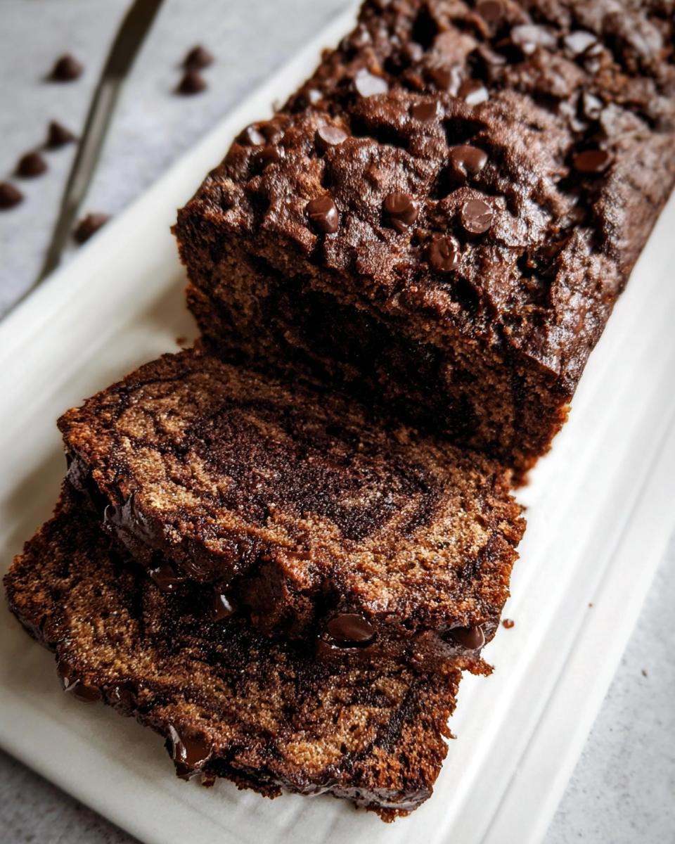 A dark, marbled loaf of Healthy Chocolate Banana Bread topped with chocolate chips, with two slices cut.
