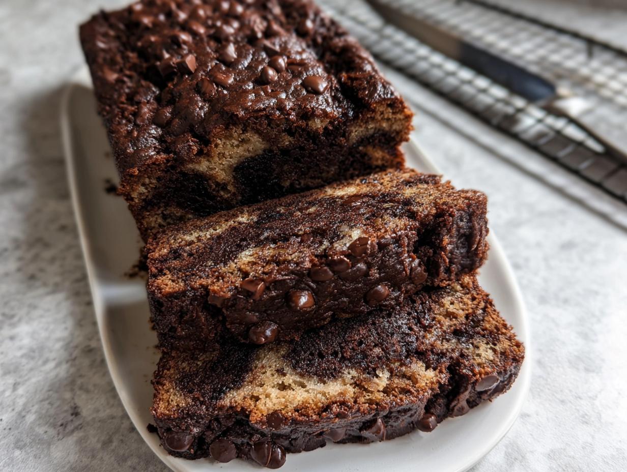 Close-up of sliced Healthy Chocolate Banana Bread topped with melted chocolate chips.