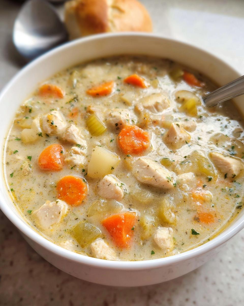 Close-up of a white bowl filled with Healthy Creamy Chicken Soup, featuring chunks of chicken, carrots, celery, and potatoes.
