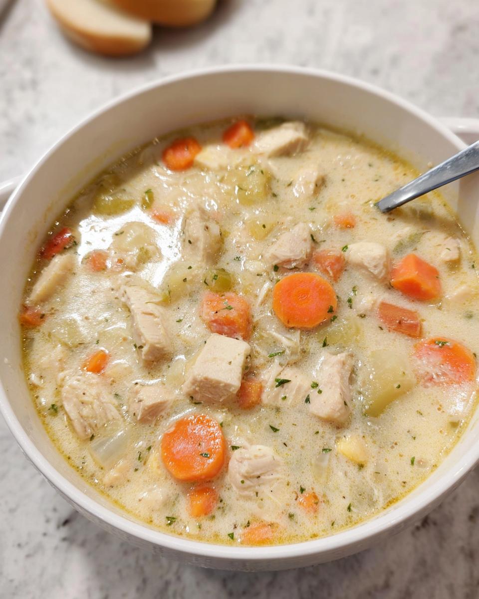 Close-up of a white bowl filled with Healthy Creamy Chicken Soup featuring chunks of chicken, bright orange carrots, and celery.