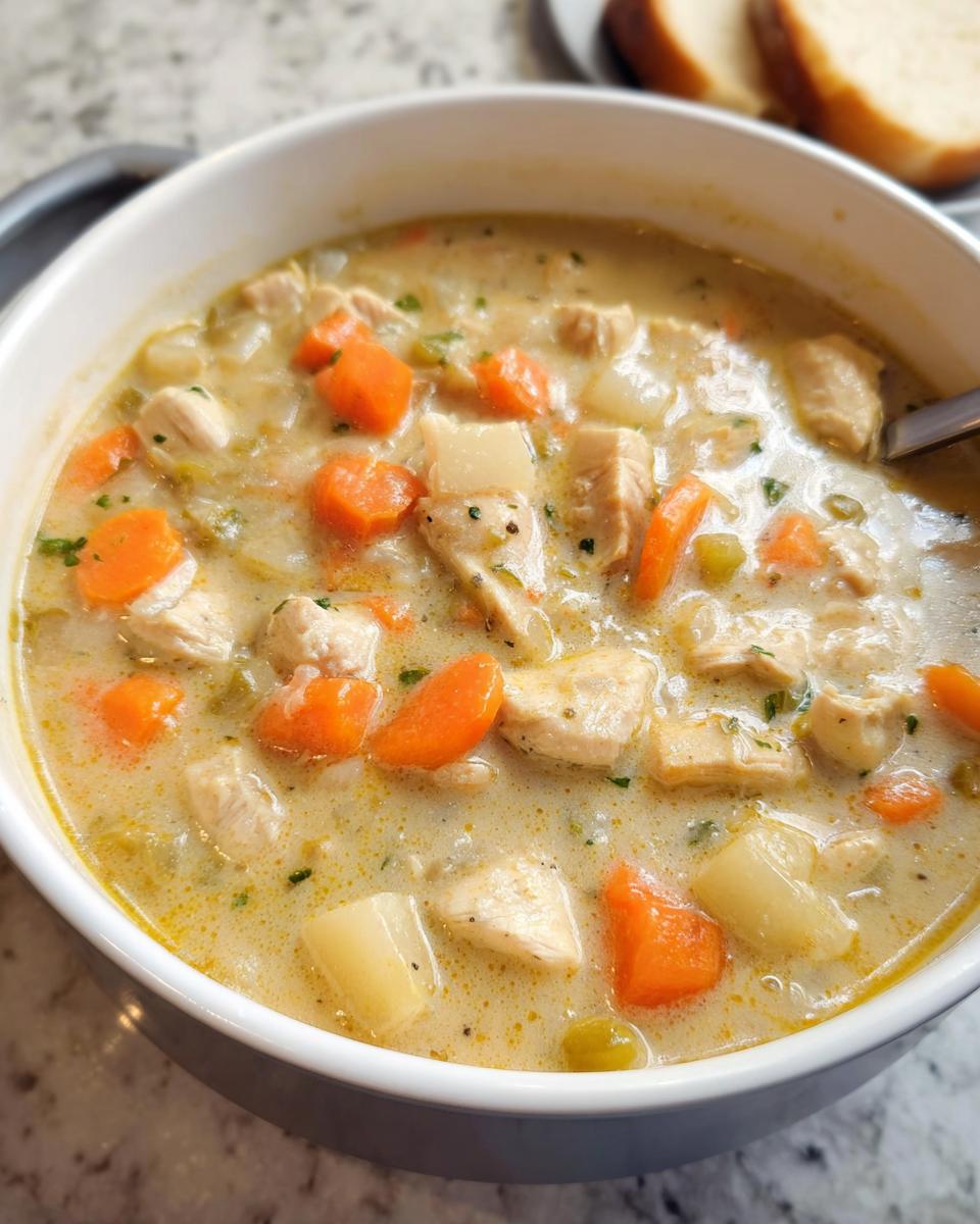 Close-up of a bowl filled with Healthy Creamy Chicken Soup, featuring chunks of chicken, carrots, and potatoes in a rich broth.