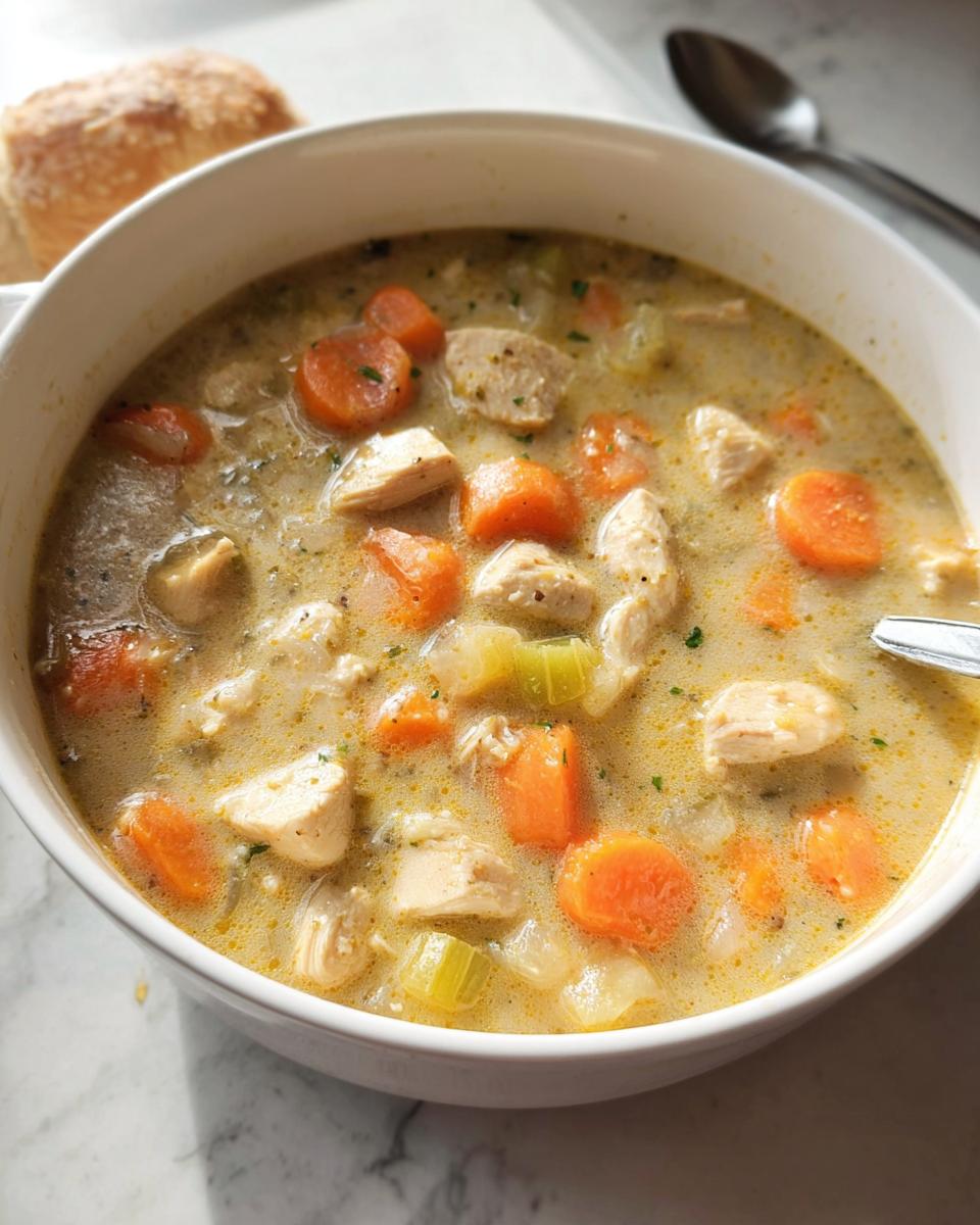 Close-up of a bowl of Healthy Creamy Chicken Soup filled with chunks of chicken, sliced carrots, and celery in a rich broth.