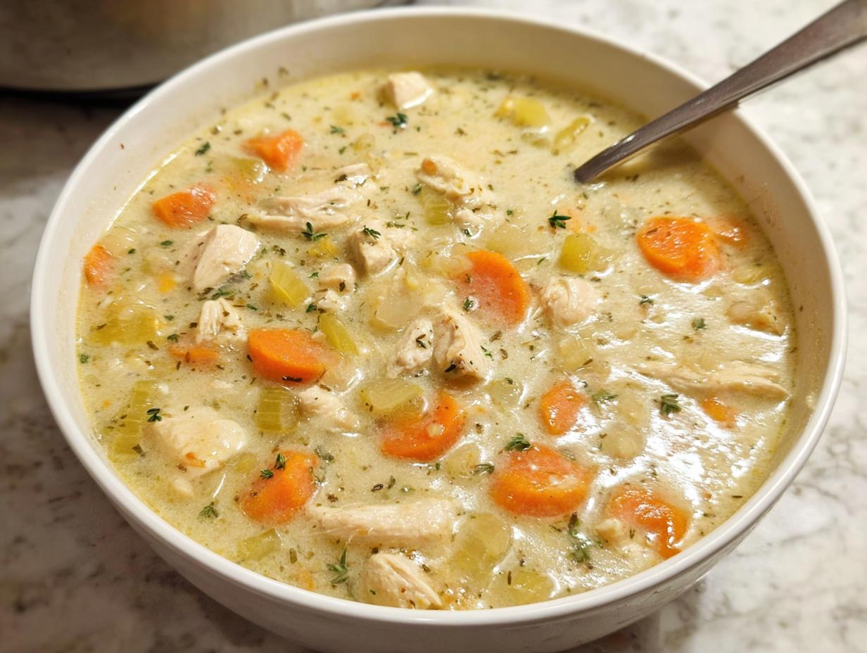 A close-up of a white bowl filled with Healthy Creamy Chicken Soup, featuring chunks of chicken, bright orange carrots, and celery.