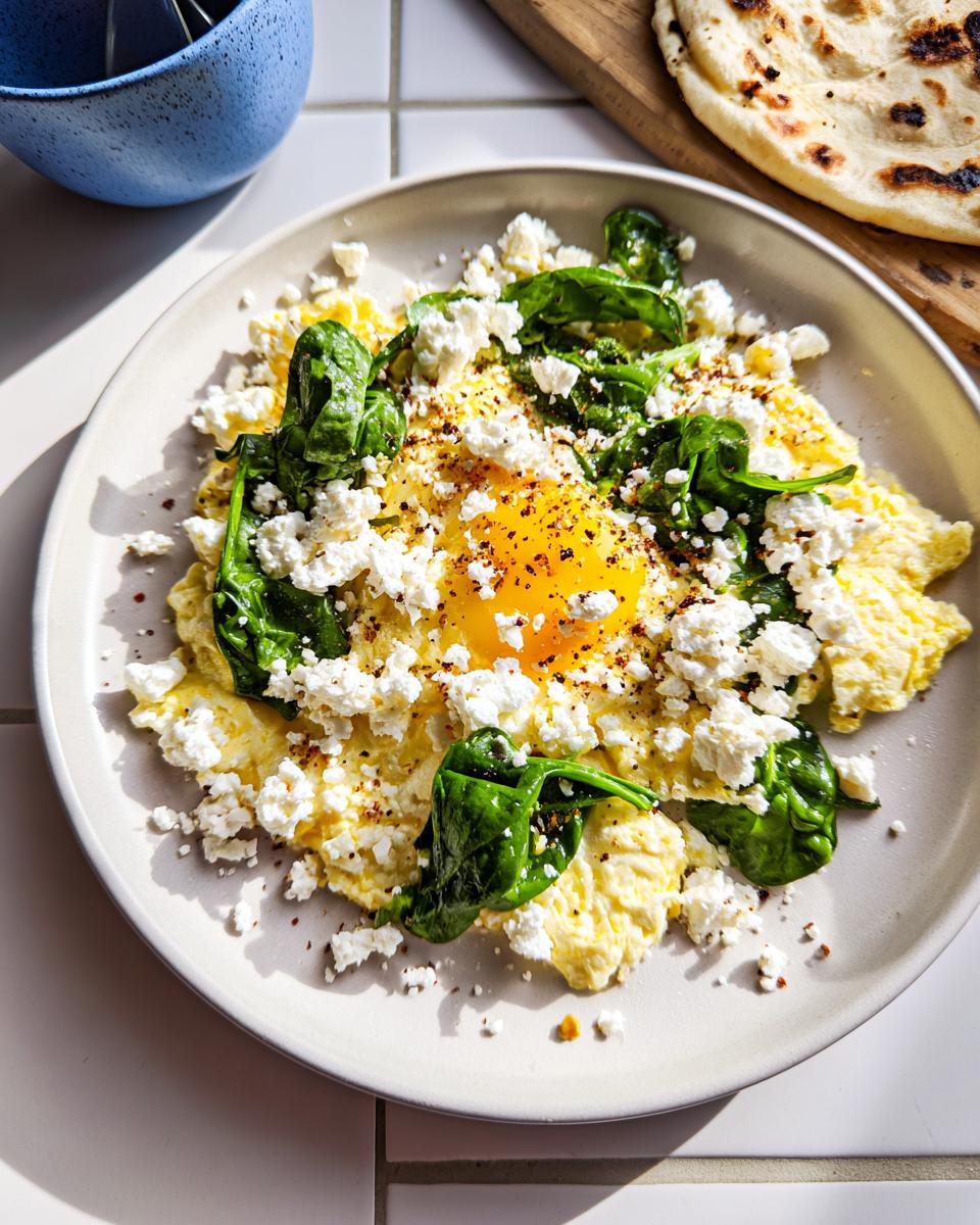 Overhead view of a Healthy Egg Breakfast with Feta, featuring scrambled eggs topped with wilted spinach and crumbled feta cheese.