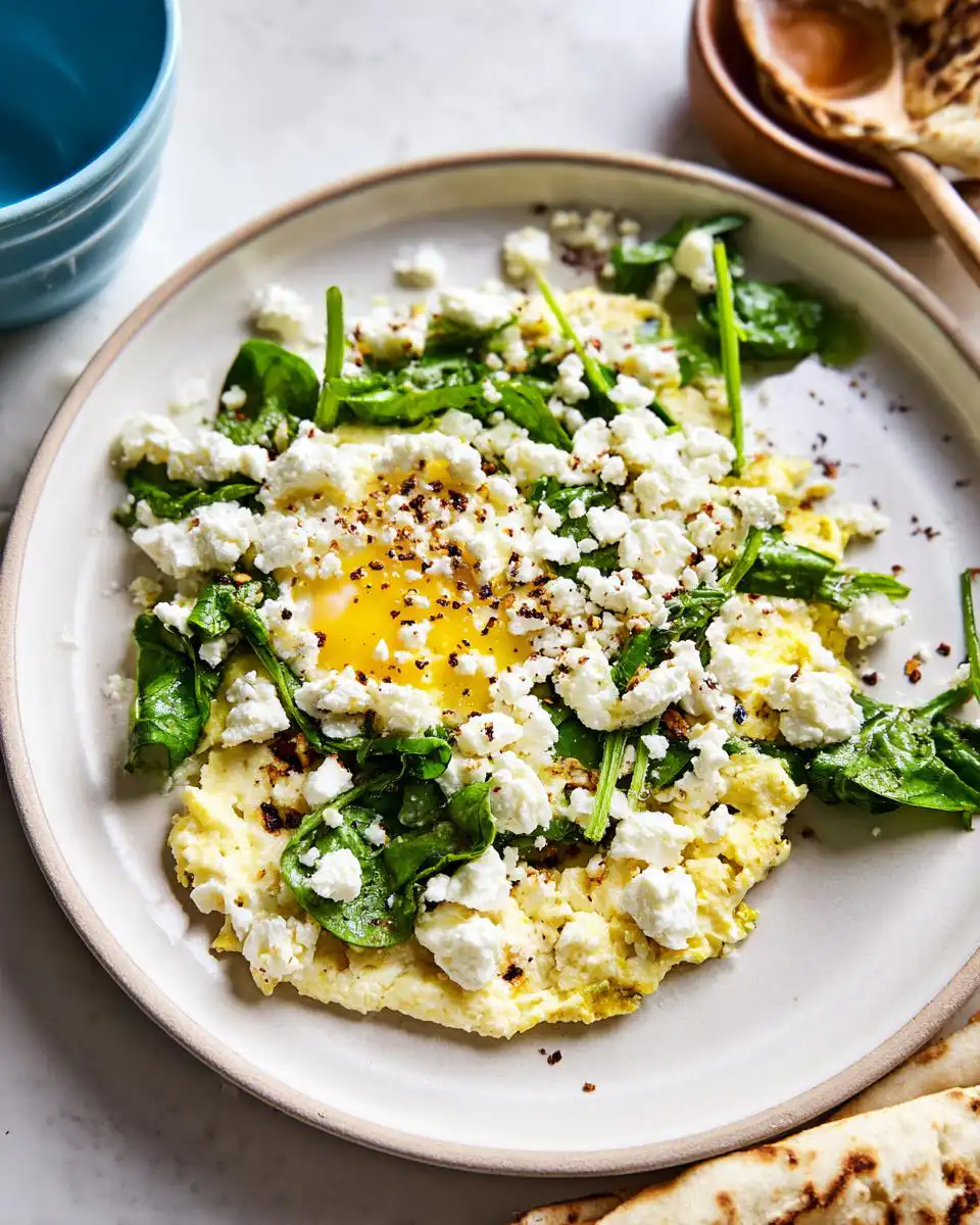 Close-up of a Healthy Egg Breakfast with Feta, featuring scrambled eggs topped with fresh spinach and crumbled feta cheese.