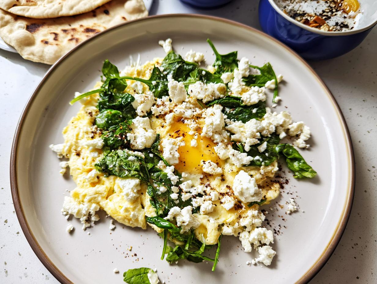 Close-up of a Healthy Egg Breakfast with Feta cheese and wilted spinach on a light plate.