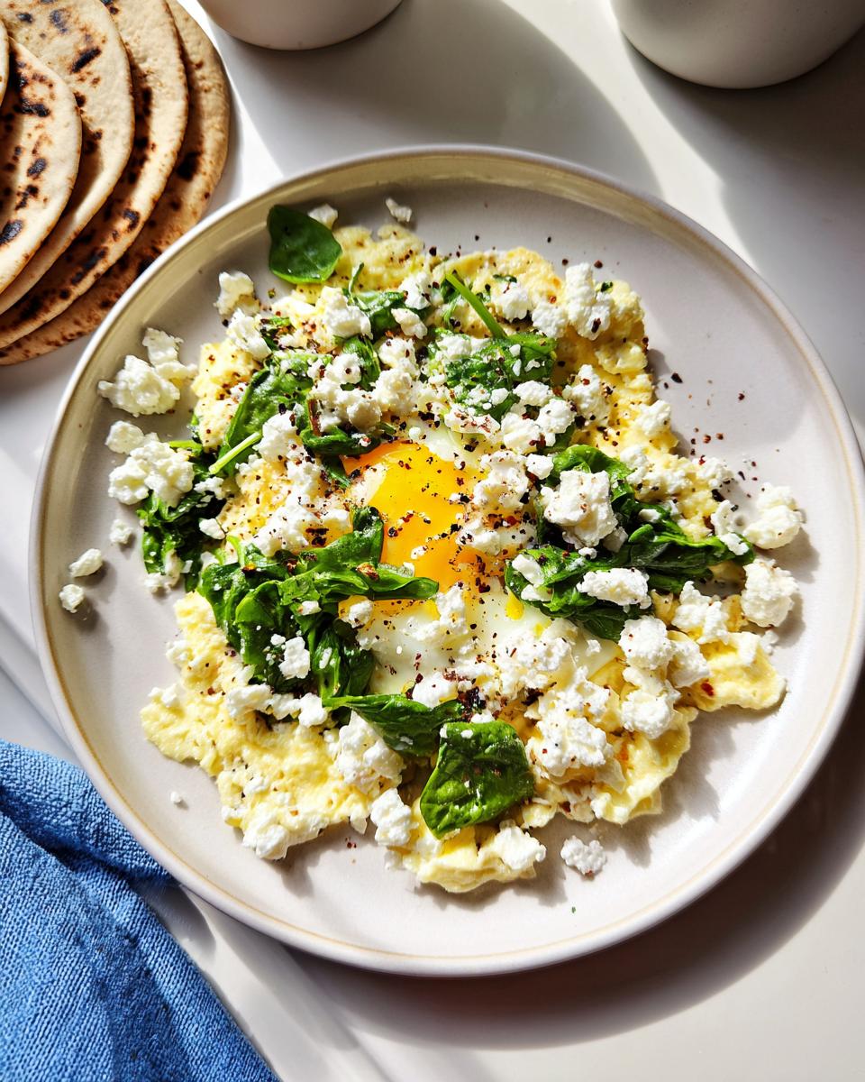 A sunny overhead shot of a Healthy Egg Breakfast with Feta, featuring a sunny-side-up egg topped with spinach and crumbled feta cheese.