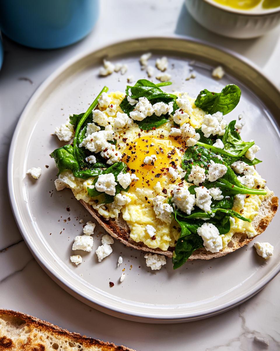 Close-up of a Healthy Egg Breakfast with Feta, featuring scrambled eggs, wilted spinach, and crumbled feta on toast.