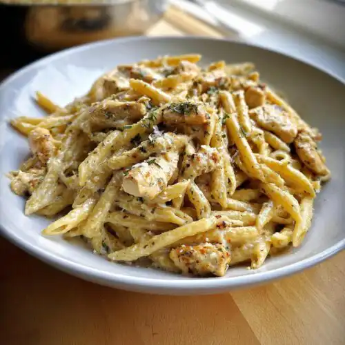 A white bowl filled with creamy Healthy Garlic Parmesan Chicken Pasta, topped with herbs and cheese.