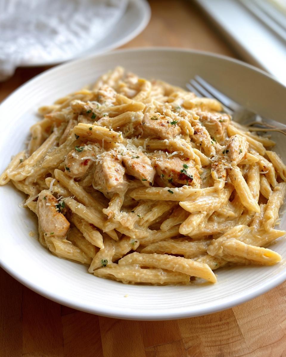 A white bowl filled with Healthy Garlic Parmesan Chicken Pasta, featuring penne, chicken pieces, and grated parmesan.