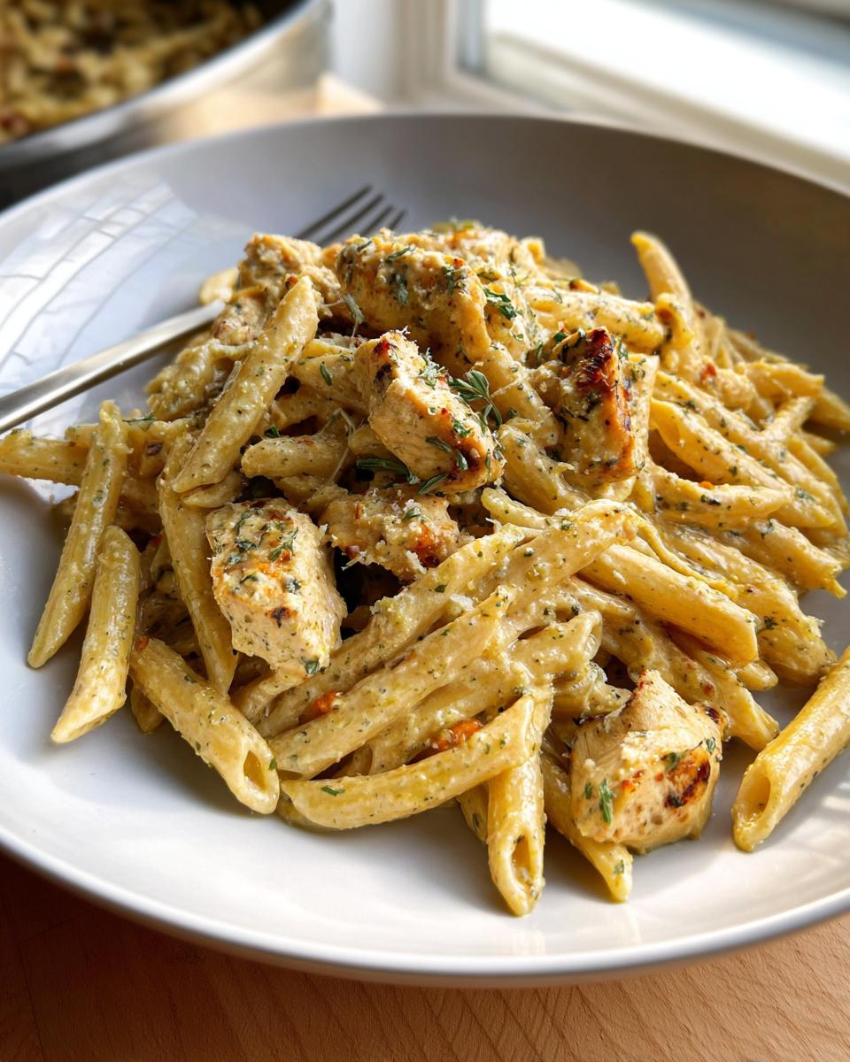 A close-up of a white bowl filled with Healthy Garlic Parmesan Chicken Pasta, featuring penne and seasoned chicken pieces.