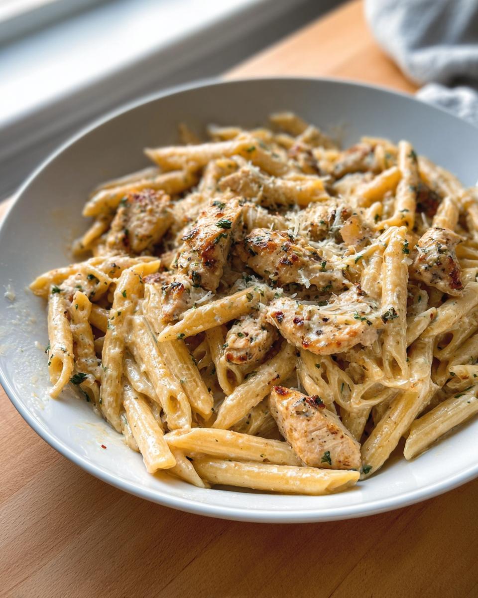 A close-up of a white bowl filled with creamy Healthy Garlic Parmesan Chicken Pasta topped with grated cheese and parsley.