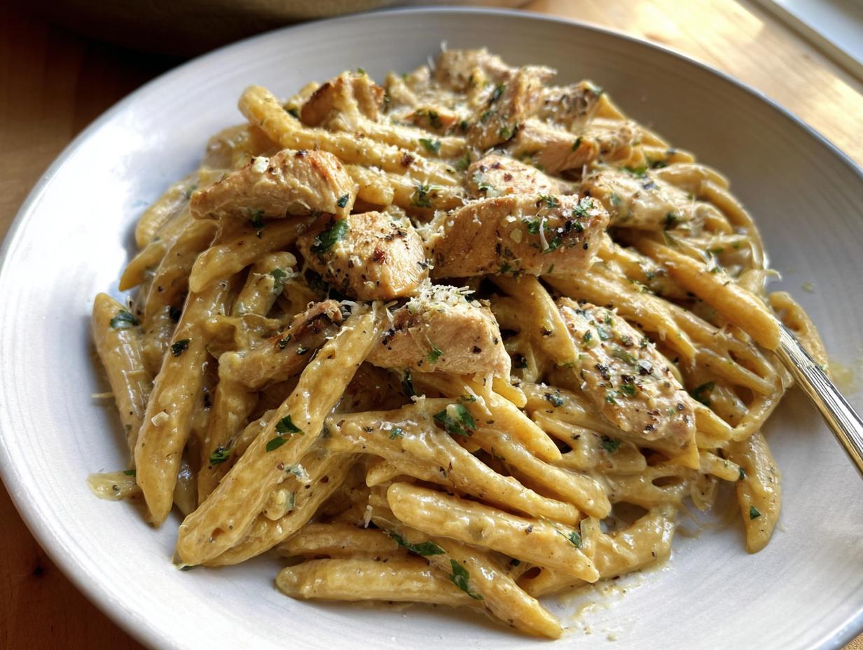 A bowl of Healthy Garlic Parmesan Chicken Pasta featuring penne coated in a creamy sauce with diced chicken and herbs.