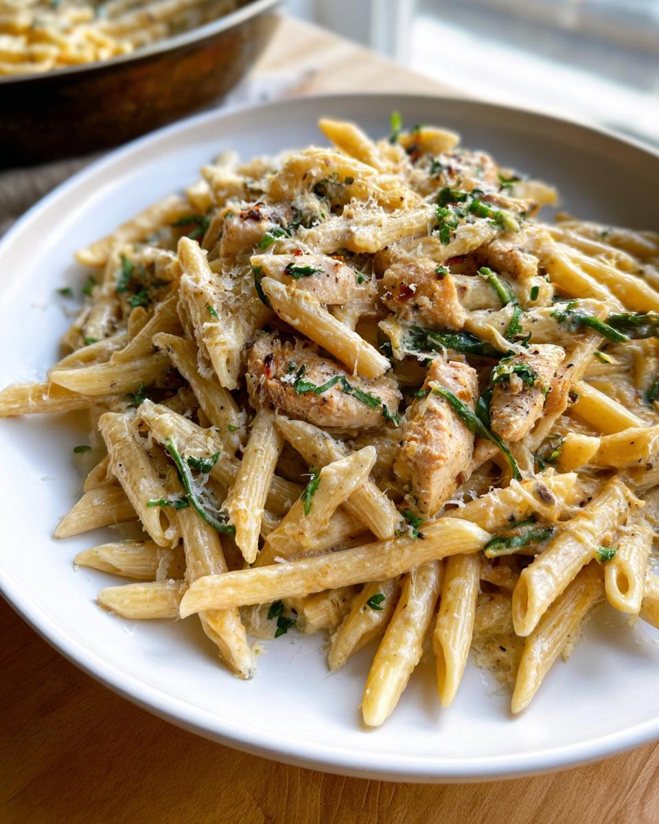 Close-up of Healthy Garlic Parmesan Chicken Pasta with penne, chicken chunks, and grated cheese.
