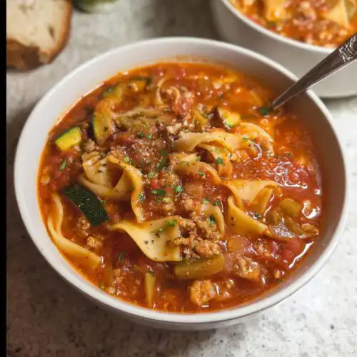 Close-up of a hearty bowl of Healthy Lasagna Soup featuring rich tomato broth, pasta ribbons, ground meat, and zucchini chunks.
