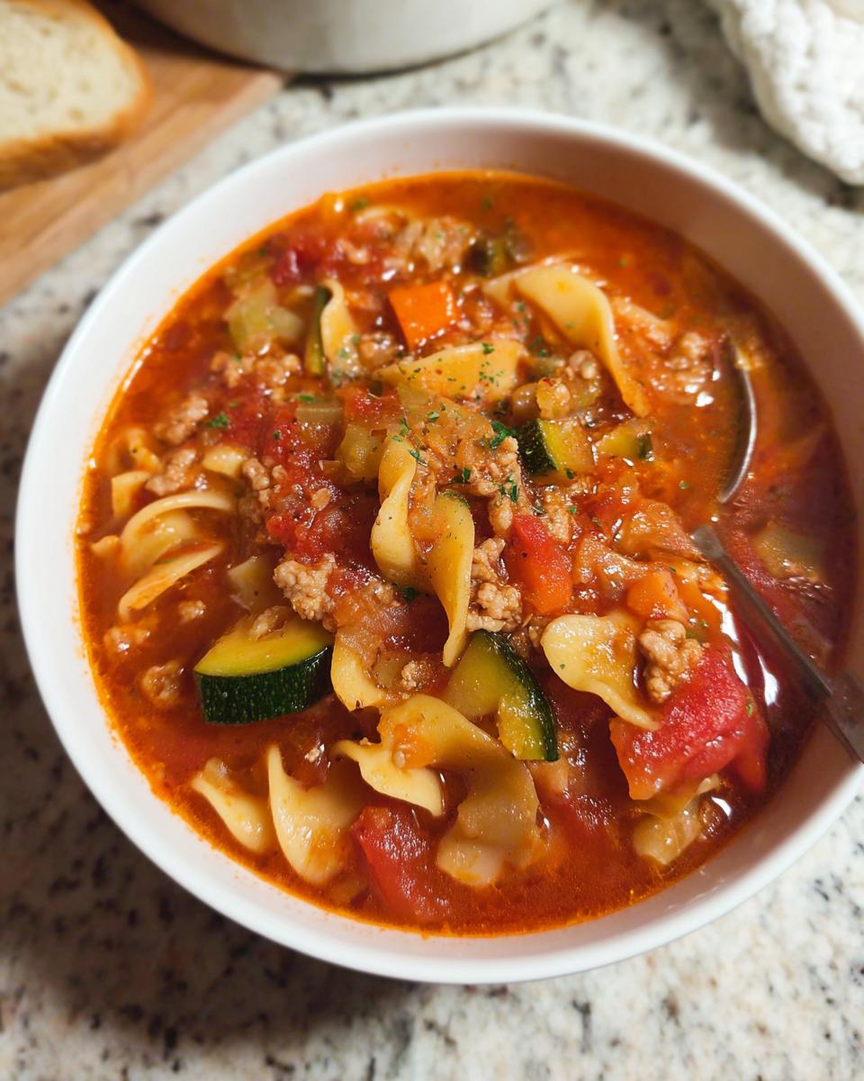 Close-up of a white bowl filled with steaming Healthy Lasagna Soup featuring pasta, ground meat, zucchini, and tomatoes.