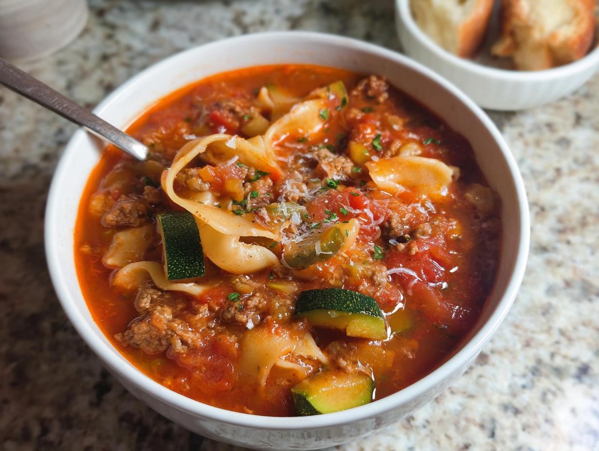 A close-up view of a white bowl filled with rich, tomato-based Healthy Lasagna Soup, featuring ground meat, zucchini chunks, and wide noodles.