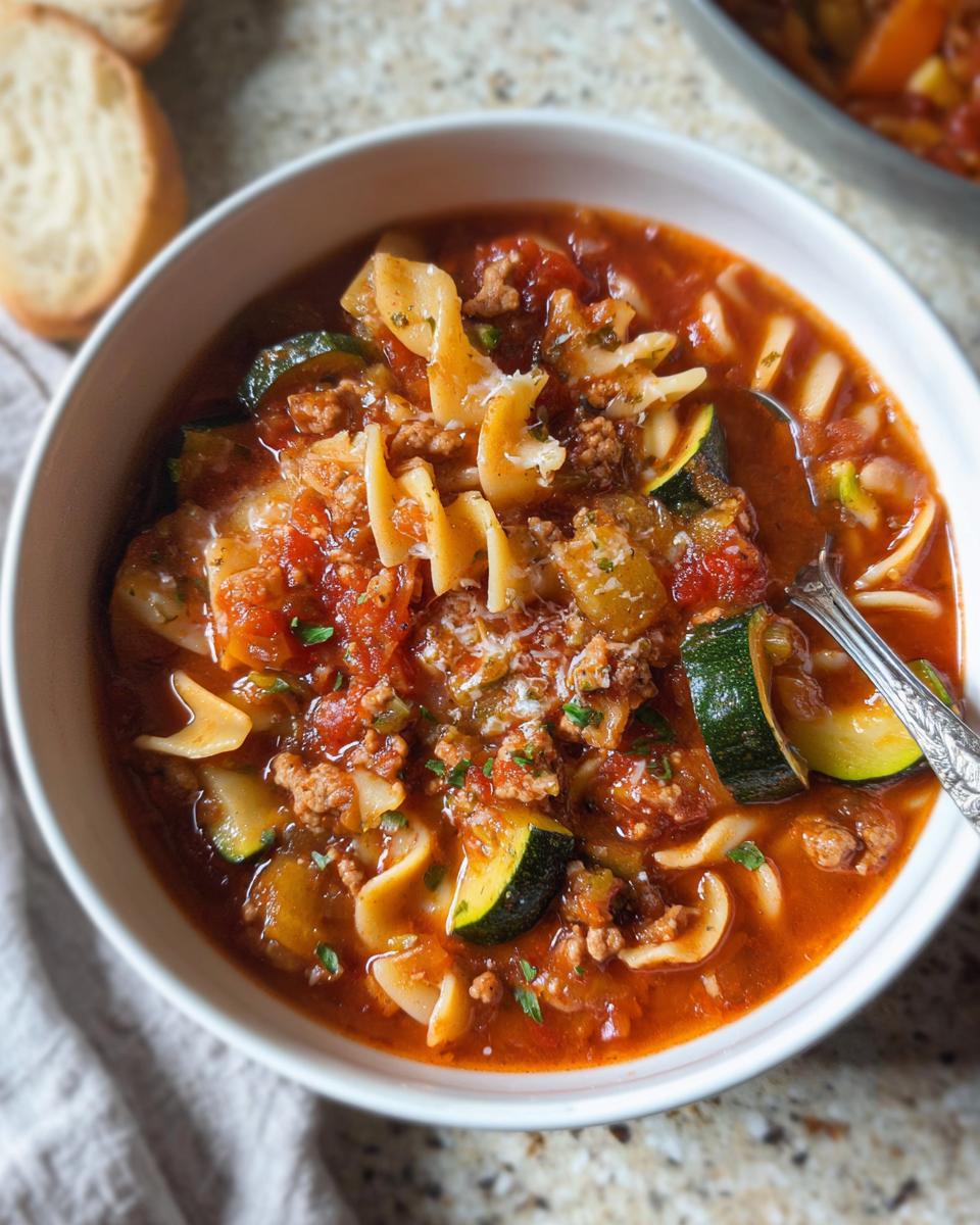 A close-up bowl of Healthy Lasagna Soup featuring pasta, ground meat, zucchini slices, and a sprinkle of cheese.