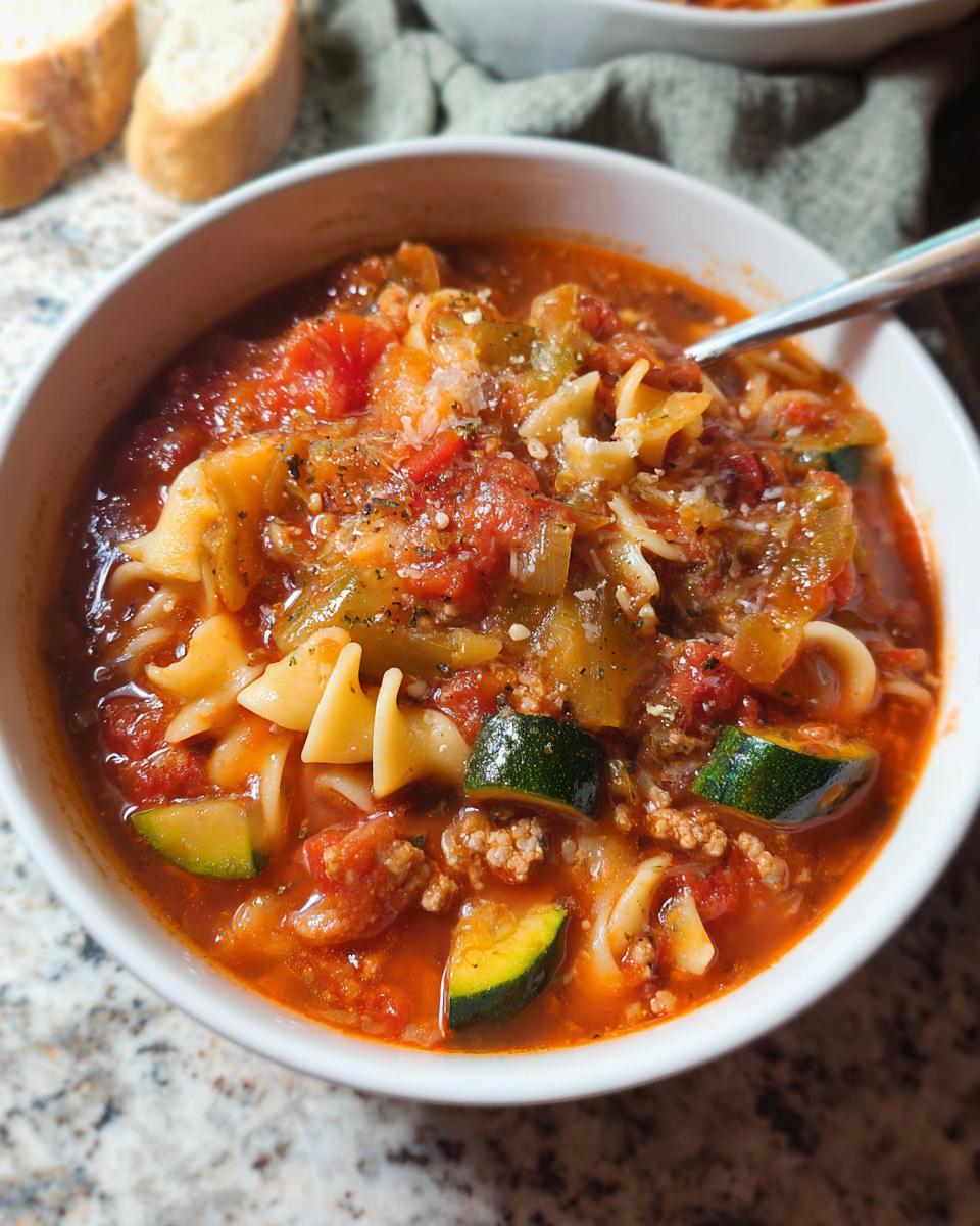 Close-up of a white bowl filled with Healthy Lasagna Soup featuring pasta, zucchini chunks, ground meat, and tomato broth.