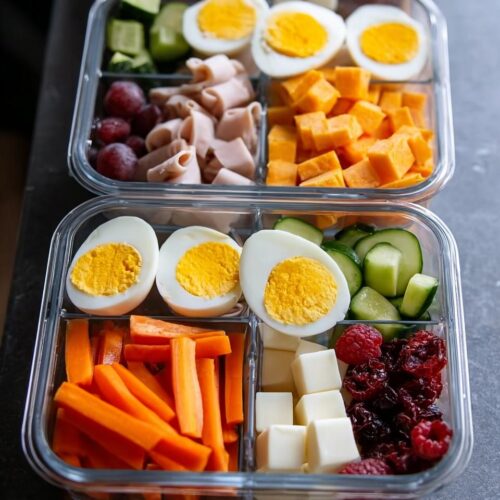 Two glass containers filled with healthy components for Meal Prep Snack Boxes, including hard-boiled eggs, carrots, cheese, and cucumbers.