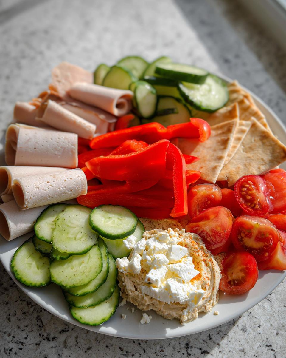 A colorful plate featuring rolled deli meat, sliced cucumbers, red peppers, tomatoes, pita wedges, and hummus topped with feta for a Healthy Snack Plate.