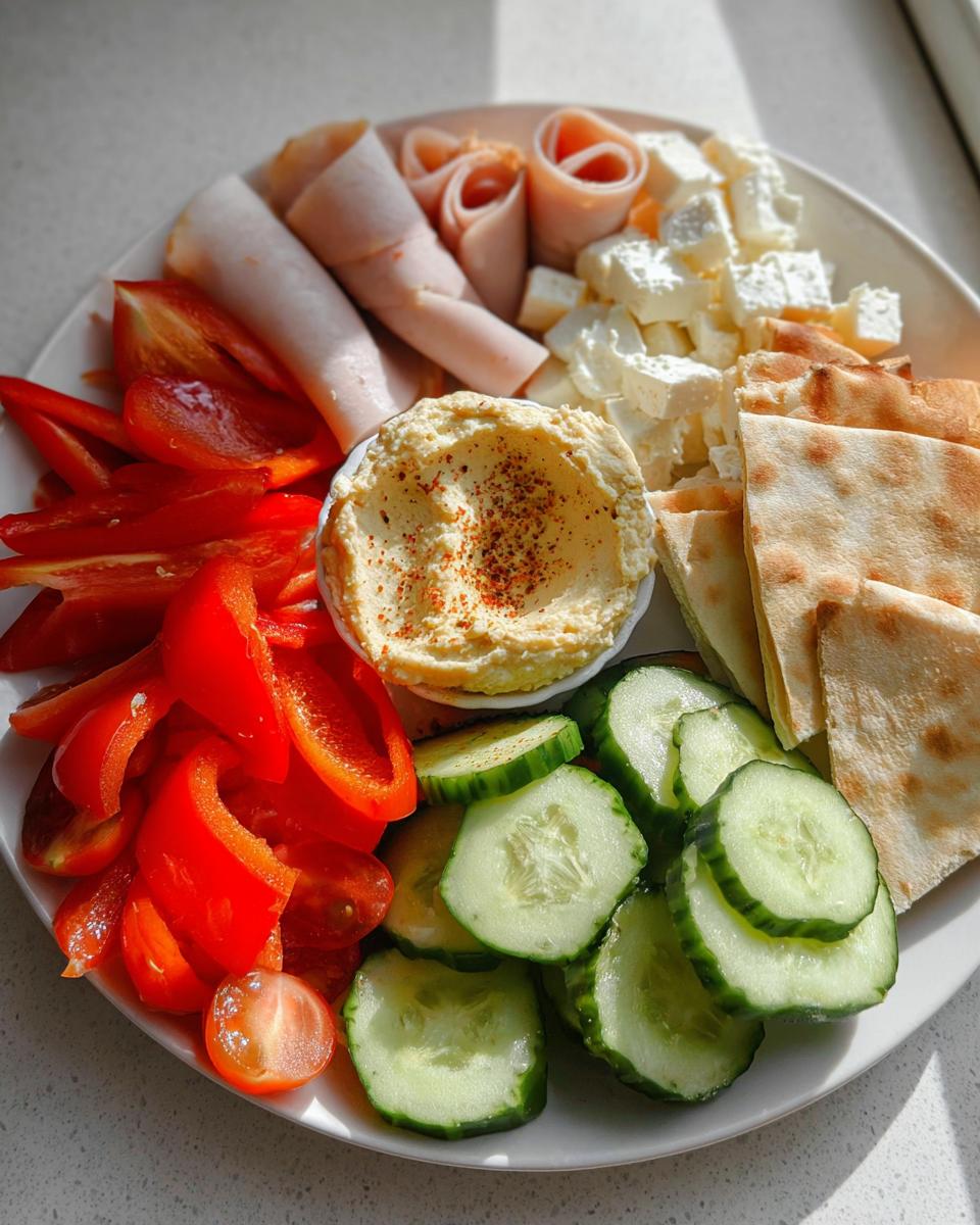 A colorful and balanced Healthy Snack Plate featuring hummus, sliced cucumbers, red peppers, feta cheese, turkey slices, and pita bread.
