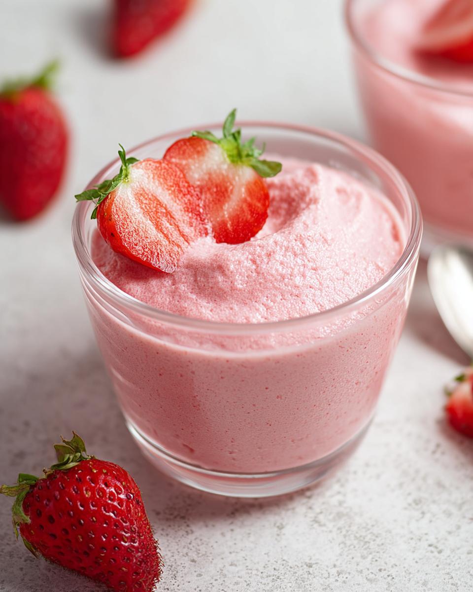 Close-up of a glass serving of light pink Healthy Strawberry Mousse topped with a halved fresh strawberry.