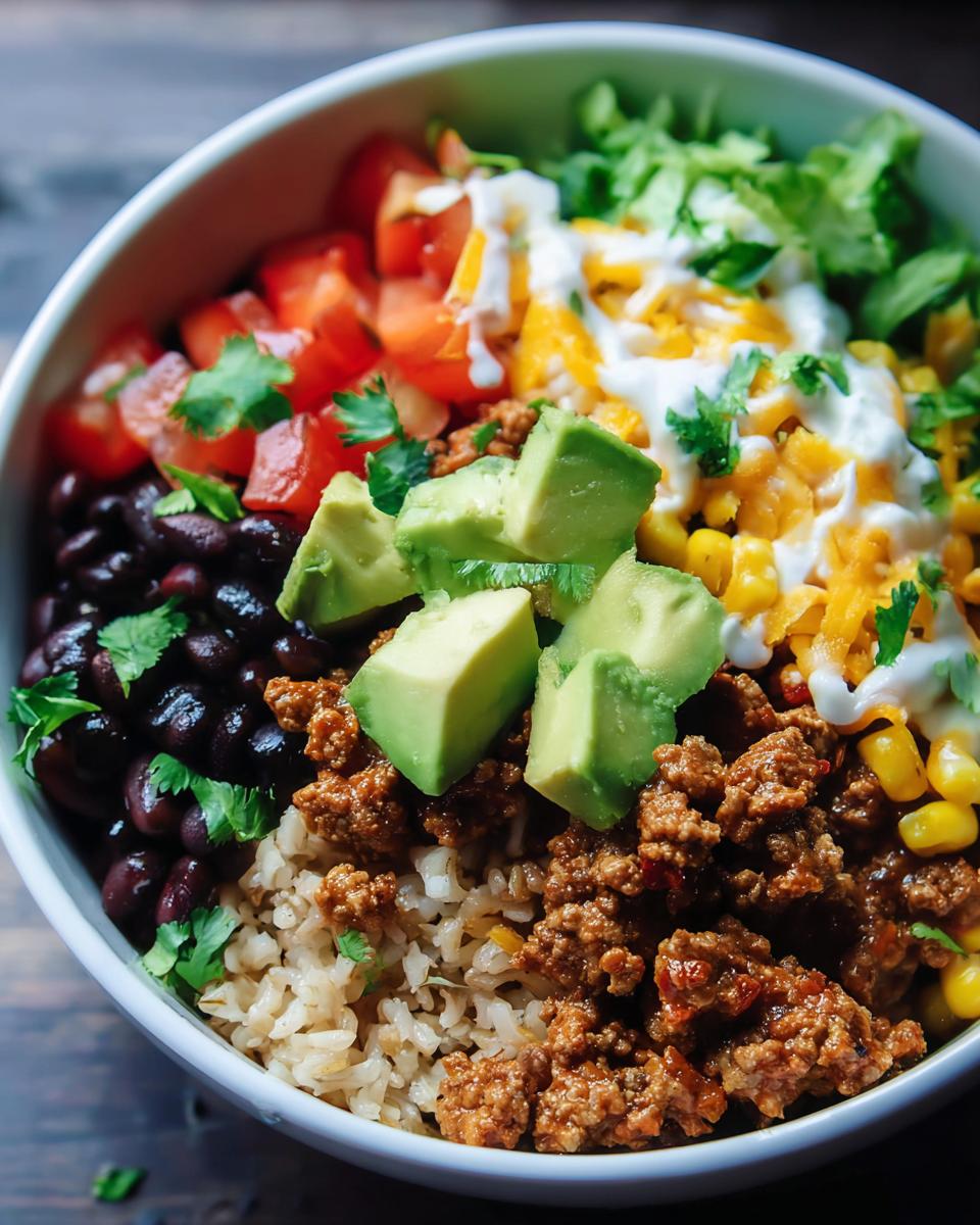 A vibrant close-up of a Healthy Taco Rice Bowl featuring brown rice, seasoned ground meat, black beans, corn, avocado, and sour cream.