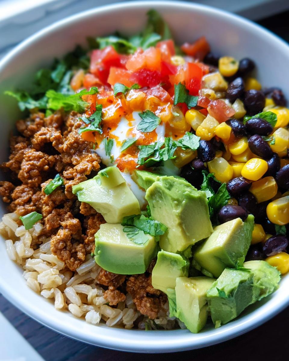 A close-up view of a Healthy Taco Rice Bowl featuring brown rice, seasoned ground meat, avocado chunks, black beans, corn, and salsa.