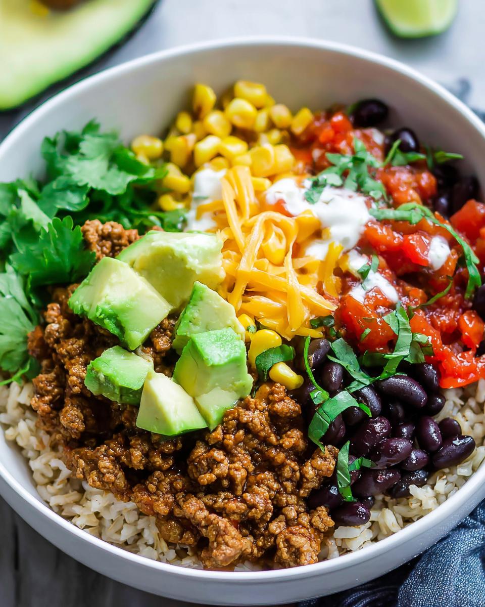 A close-up view of a Healthy Taco Rice Bowl featuring seasoned ground meat, brown rice, avocado, corn, black beans, and salsa.
