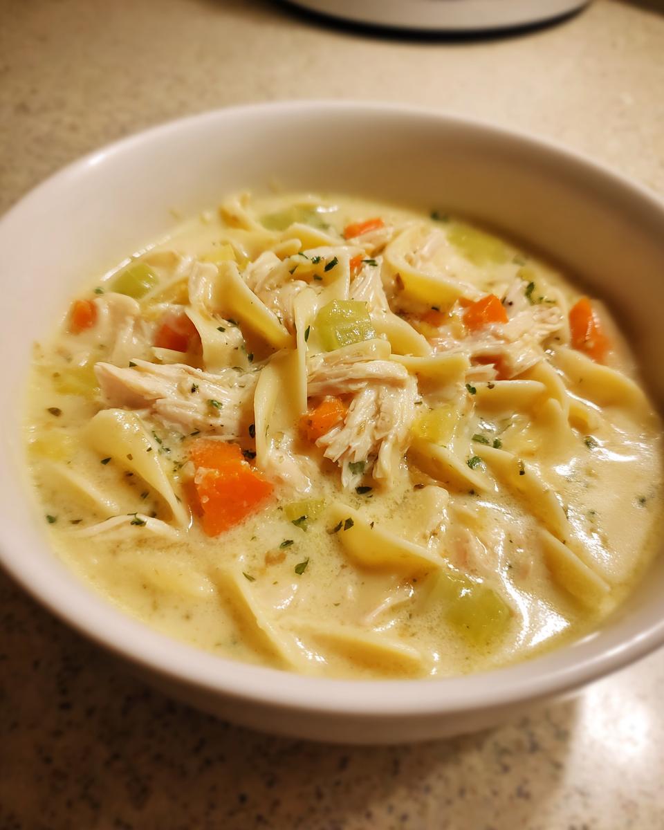 Close-up of a white bowl filled with Hearty Creamy Chicken Soup, featuring shredded chicken, egg noodles, carrots, and celery.