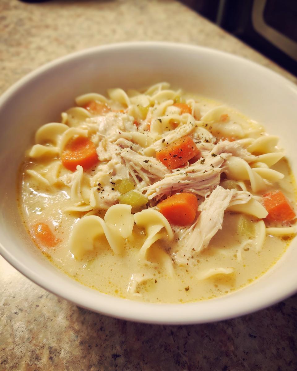 A close-up of a white bowl filled with Hearty Creamy Chicken Soup, featuring shredded chicken, carrots, celery, and egg noodles.