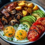 A visually appealing Hearty Savory Breakfast Plate featuring two sunny-side-up eggs, bacon, roasted potatoes, avocado, mushrooms, and grilled tomatoes.