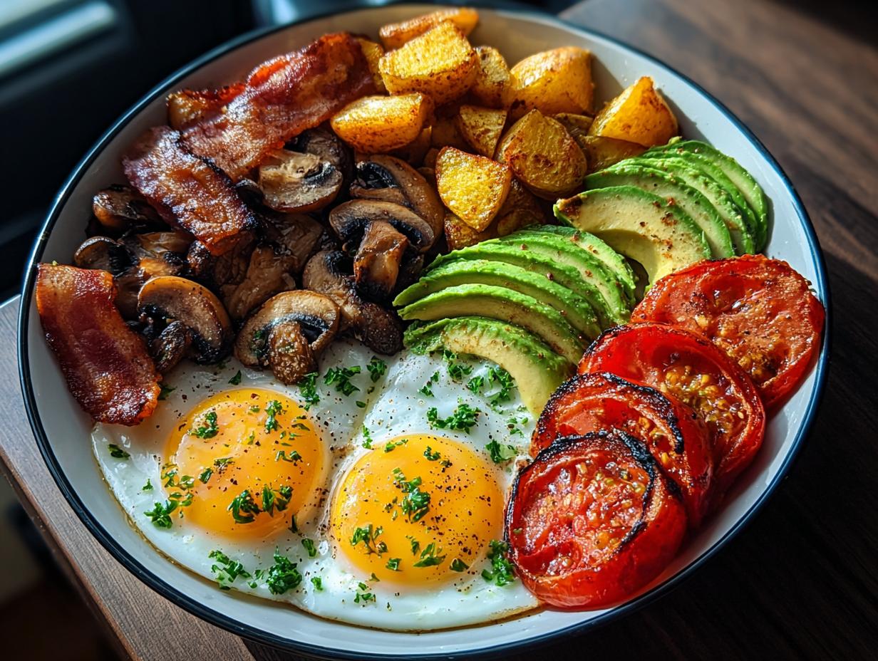 A visually appealing Hearty Savory Breakfast Plate featuring two sunny-side-up eggs, bacon, roasted potatoes, avocado, mushrooms, and grilled tomatoes.