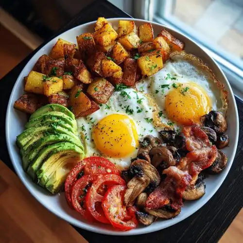 A full plate featuring a Hearty Savory Breakfast Plate with two sunny-side-up eggs, roasted potatoes, avocado, tomatoes, bacon, and mushrooms.