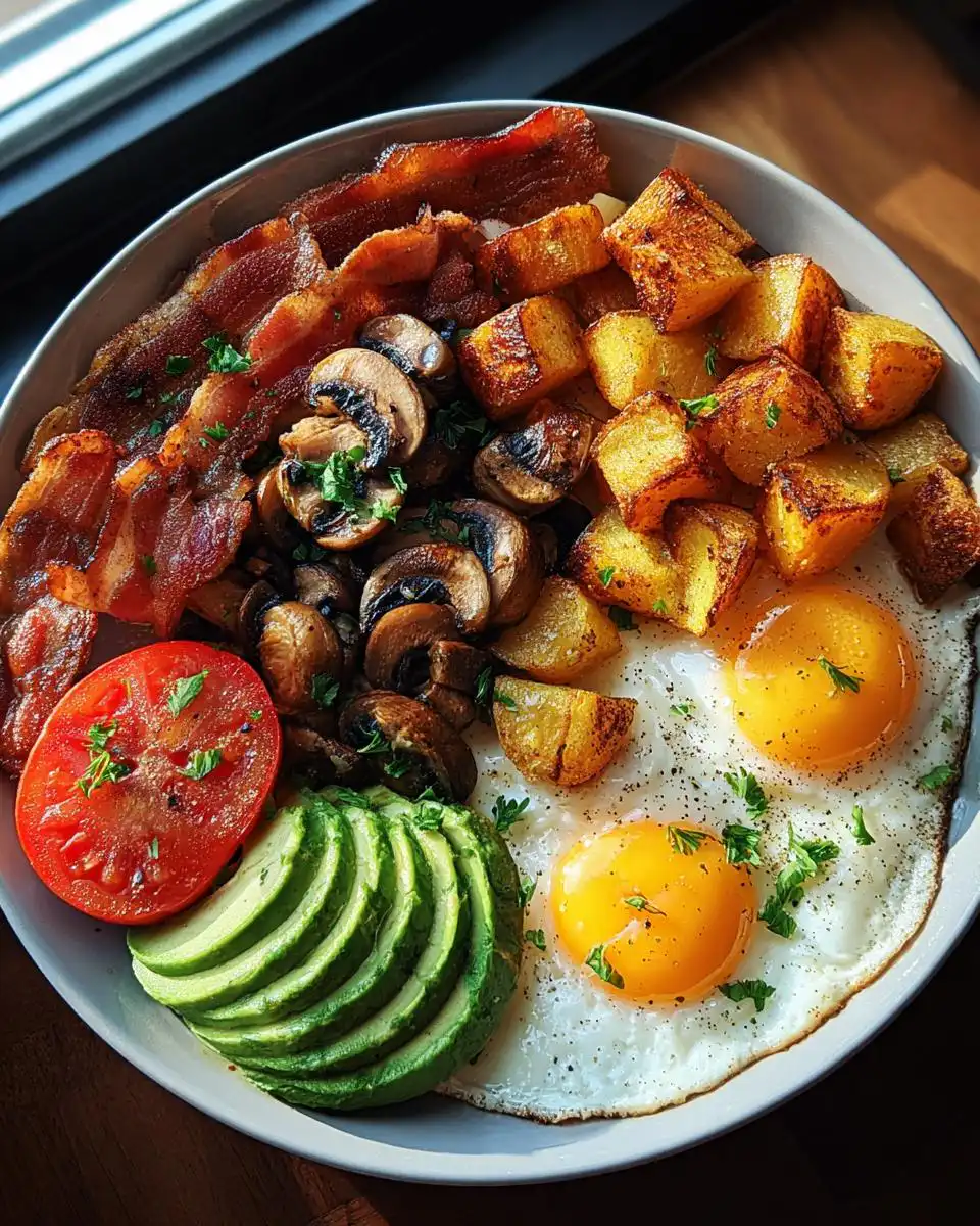 A full plate featuring a Hearty Savory Breakfast Plate with fried eggs, bacon, potatoes, avocado, and mushrooms.