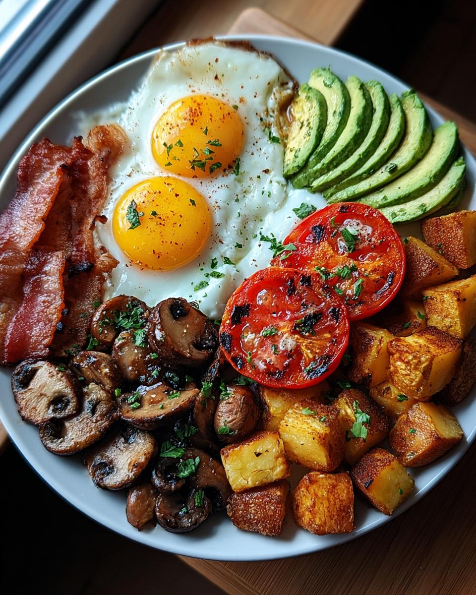 A full plate featuring a Hearty Savory Breakfast Plate with two fried eggs, bacon, avocado, mushrooms, tomatoes, and potatoes.