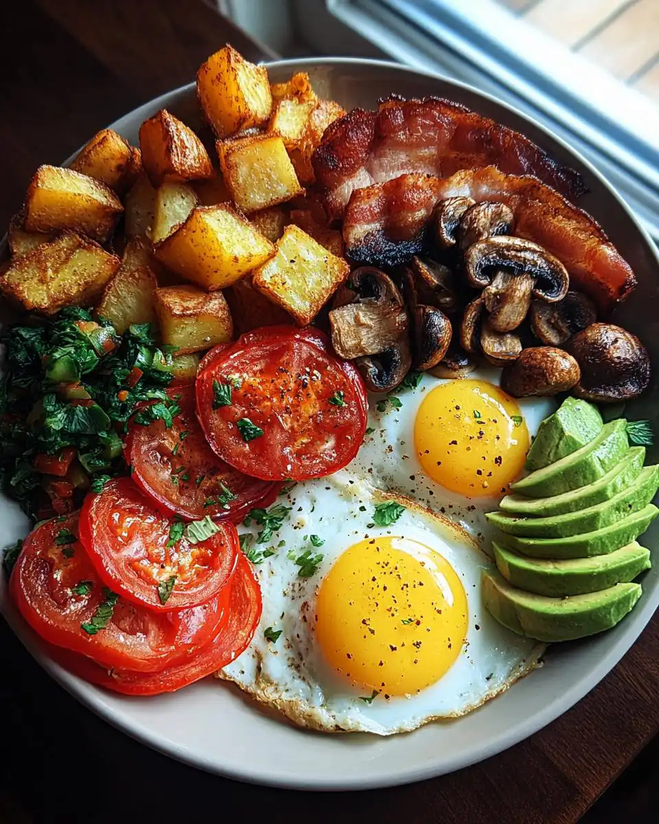 A full Hearty Savory Breakfast Plate featuring fried eggs, bacon, home fries, tomatoes, avocado, and mushrooms.