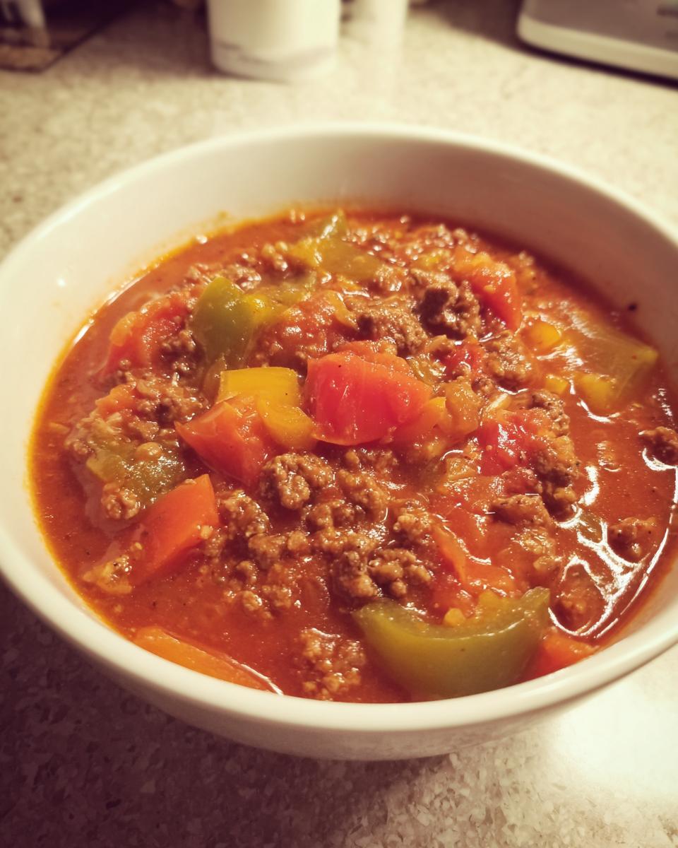 Close-up of a bowl filled with Hearty Stuffed Pepper Soup, featuring ground meat and chunks of red and green peppers in a rich tomato broth.