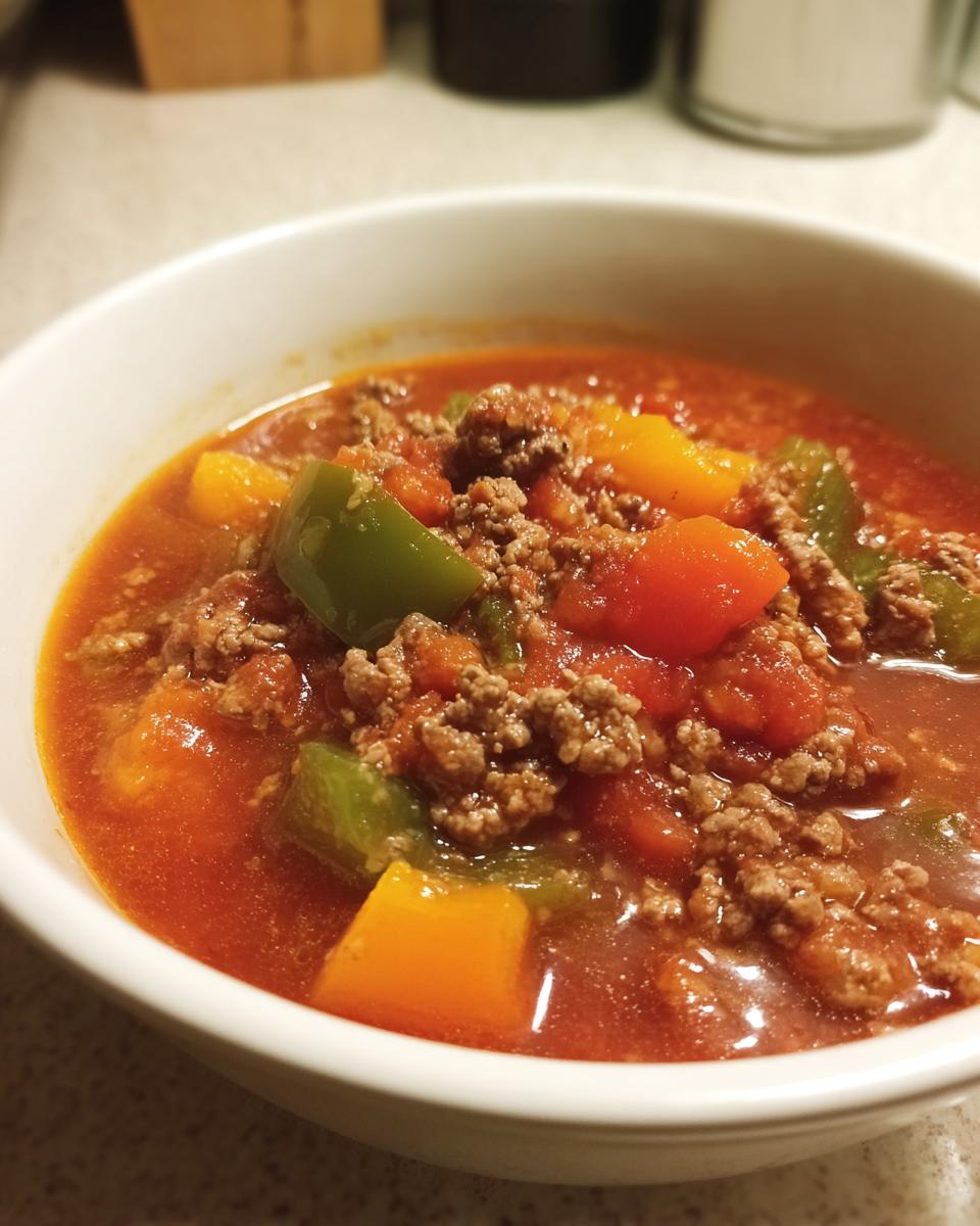Close-up of a white bowl filled with Hearty Stuffed Pepper Soup, featuring ground beef, tomatoes, and chunks of green and yellow bell peppers.