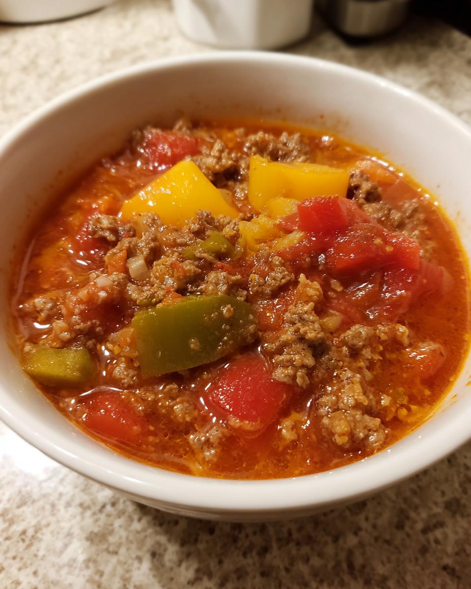A close-up view of a white bowl filled with Hearty Stuffed Pepper Soup, featuring ground meat, tomatoes, and colorful bell pepper chunks.