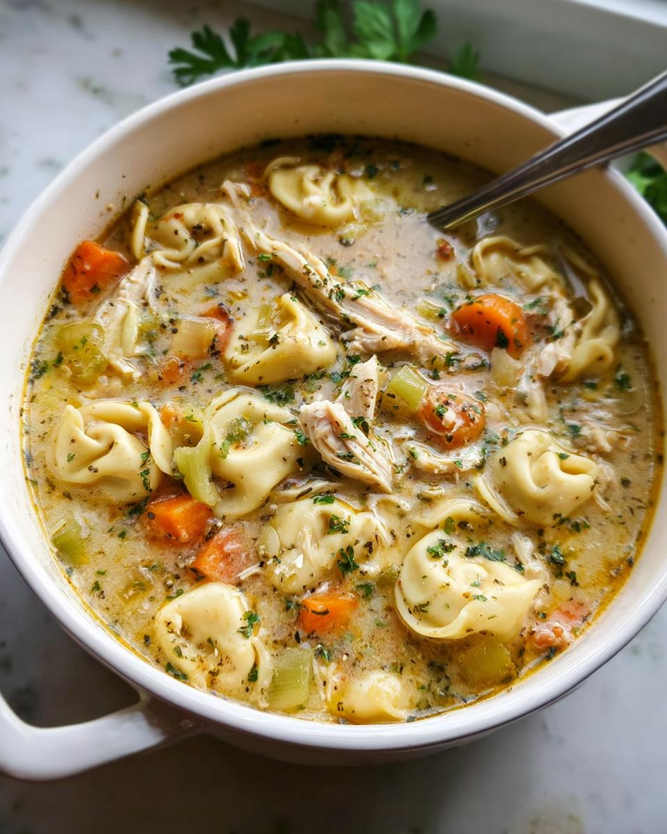 Close-up of a creamy Herb Chicken Tortellini Soup filled with tortellini, shredded chicken, carrots, and celery, garnished with parsley.