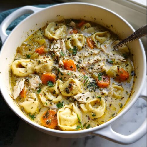 Close-up of a creamy Herb Chicken Tortellini Soup filled with tortellini, shredded chicken, carrots, and herbs in a white bowl.