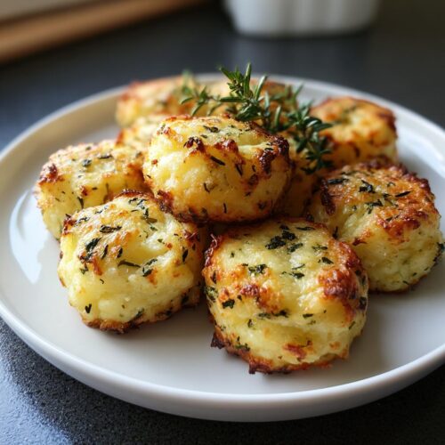 A plate of golden-brown Herb Mashed Potato Puffs seasoned with visible green herbs.