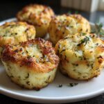 Close-up of golden-brown Herb Mashed Potato Puffs garnished with fresh thyme sprigs.