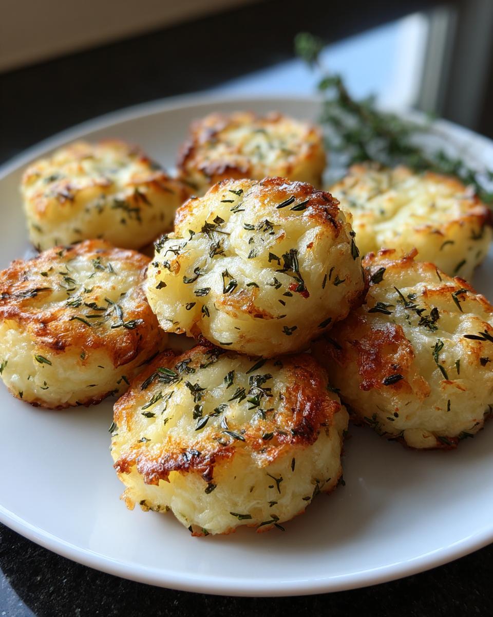 A plate of golden-brown Herb Mashed Potato Puffs topped with fresh green herbs.