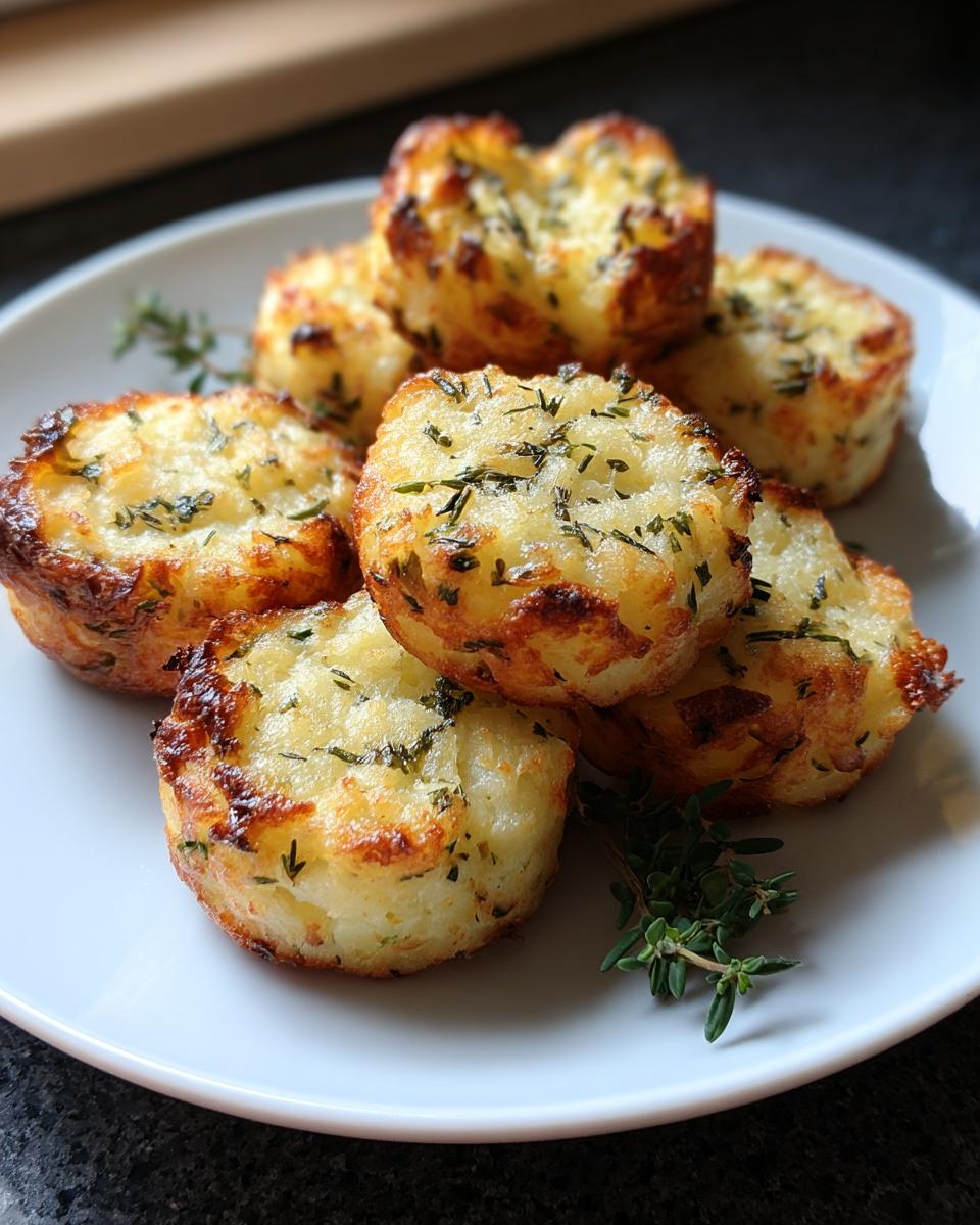 A plate of golden brown Herb Mashed Potato Puffs garnished with fresh thyme sprigs.